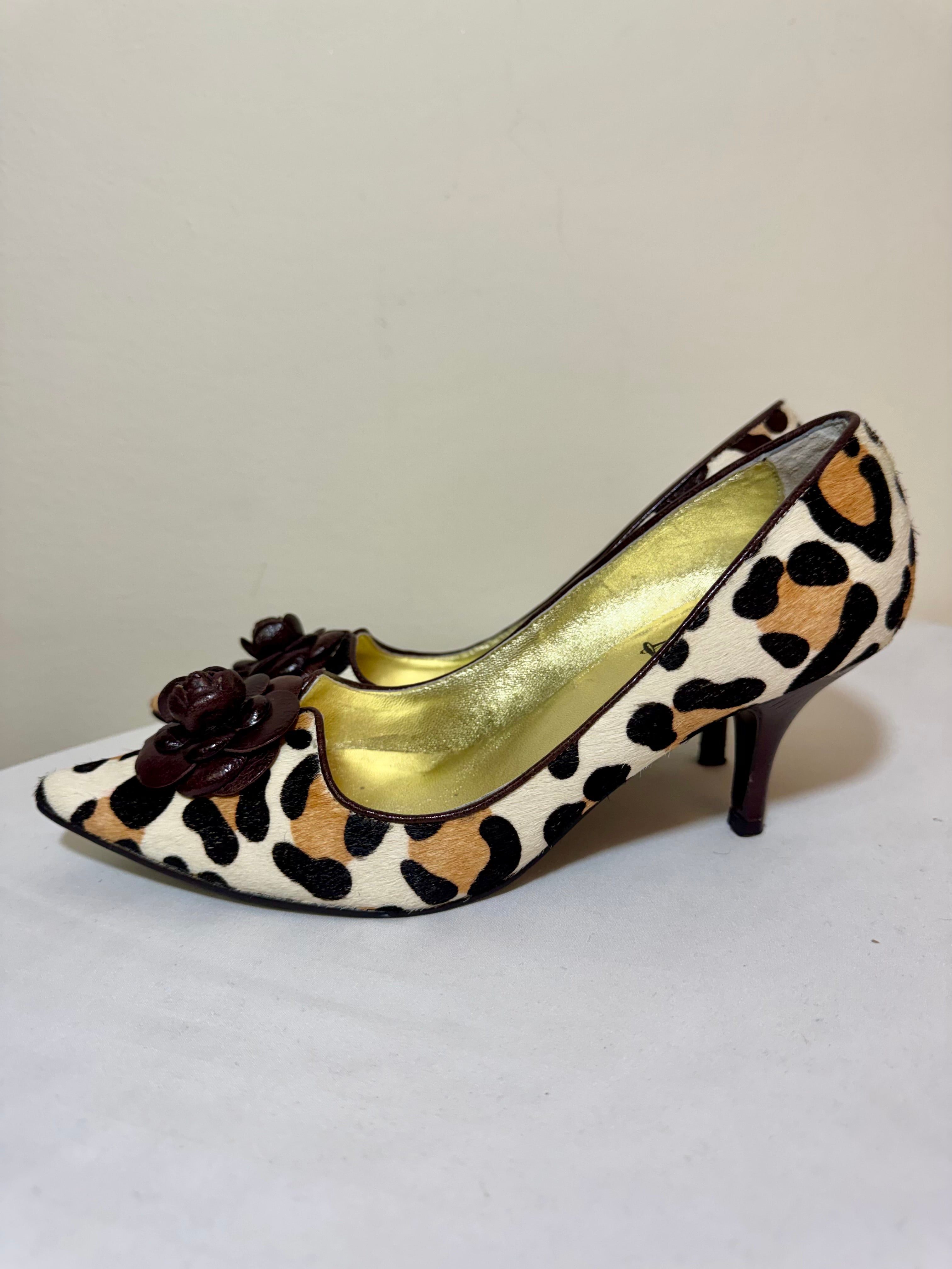 Heels Miss Fire London Leopard Pony Hair With Brown Leather Flower Size 38