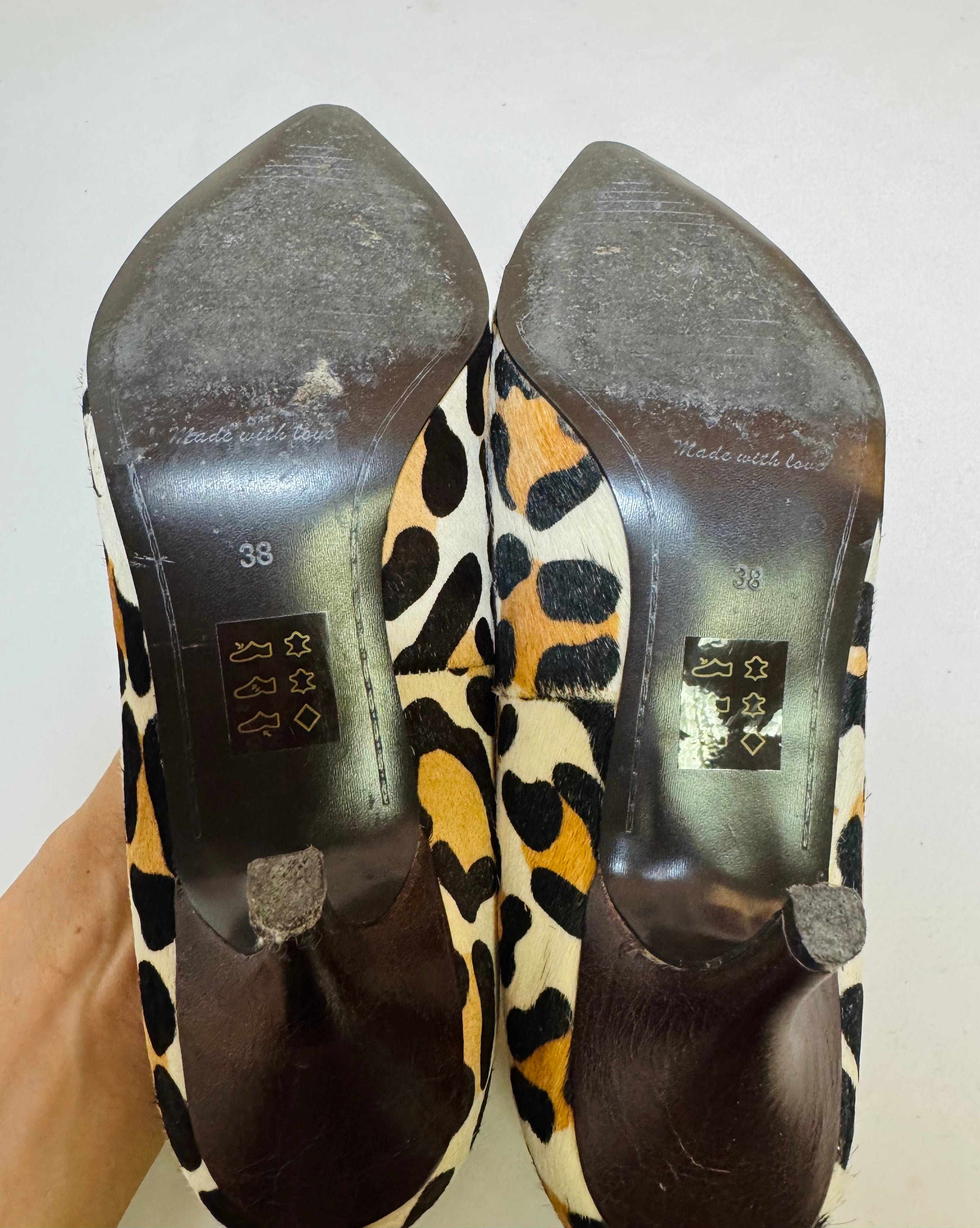 Heels Miss Fire London Leopard Pony Hair With Brown Leather Flower Size 38