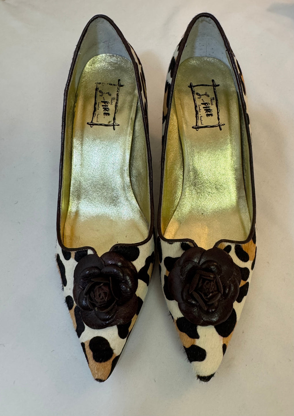 Heels Miss Fire London Leopard Pony Hair With Brown Leather Flower Size 38