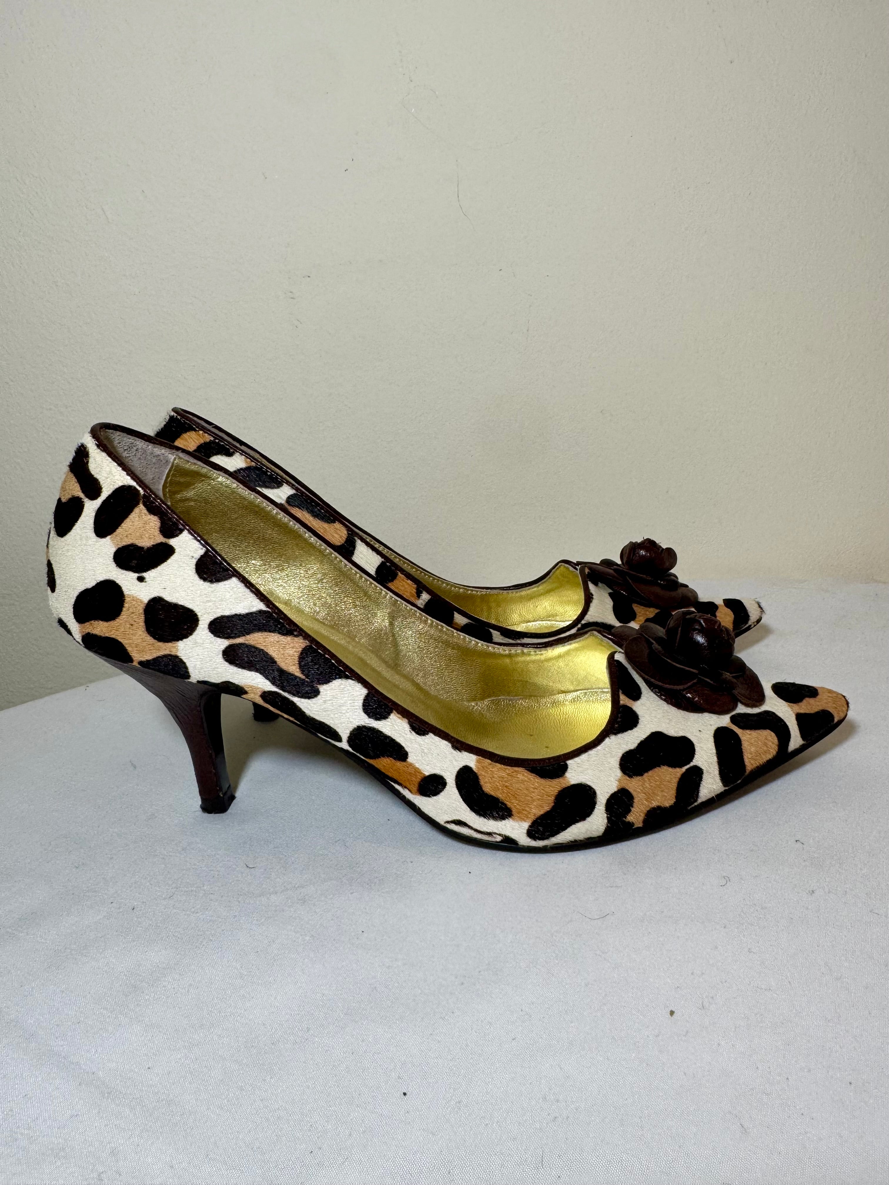 Heels Miss Fire London Leopard Pony Hair With Brown Leather Flower Size 38